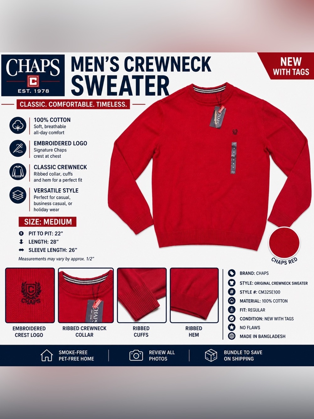 Chaps Men’s Red 100% Cotton Crewneck Sweater Embroidered Logo Medium NWT - Picture 2 of 16